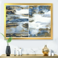 DesignArt 'Злато и темно сино апстрактни бранови III' модерен врамен уметнички принт
