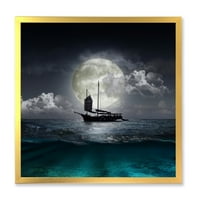 Езерото за време на полна месечина со фишер брод, врамена фотографија од платно, уметничко печатење