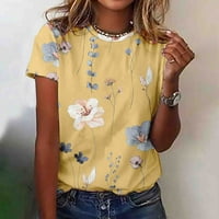 Милуксас Женски Облечени Блузи, Женска Мода Обичен Краток Ракав Цвет Печатење Круг Вратот Пуловер Врвот Блуза Дозвола Жолта