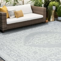 Ориентална област килим цветна сива боја, крем затворен отворен круг лесен за чистење