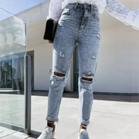 Карго панталони жени широки жени на панталони високи тексас дупки панталони еластично високо џеб тенок копче жени фармерки панталони