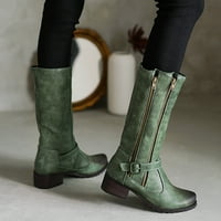 yinguo модна случајна тока патент со средни чизми дебели потпетици двојни женски чизми за жени