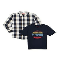 Wrangler Boys Poplin Butte-up кошула и графичка маица, 2-парчиња, големини 4- & хаски