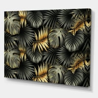 DesignArt 'Златни и црни тропски лисја ii' модерна печатење на wallидови од платно