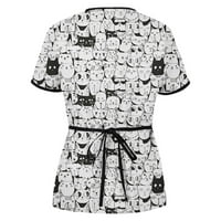 Одеерби Лето Пилинг Блузи За Жени Мода Краток Ракав V-Вратот Завој Работна Униформа Печатени Блуза Со Џеб Црна