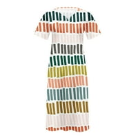 Dyegold Sundresses за жени обична плажа - обични фустани за жени против вратот кратки ракави цветни печатени џеб летни плажа