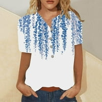 Leylayray Блузи За Жени Жени Лето Секојдневен Мода Памук Лен Печатени Жени Краток Ракав Кошула Блузи Сина XL
