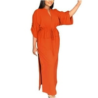 Фустани за жени плус големина кошула фустани женски лабав фитинг лента за половината, обичен работен фустан V-врат цврста боја