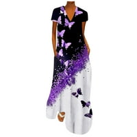 Дозвола Летни Фустани За Жени V-Должина На Вратот До Глуждот Обичен Фустан Со Кратки Ракави Со Печатена А-Линија Виолетова 3xl